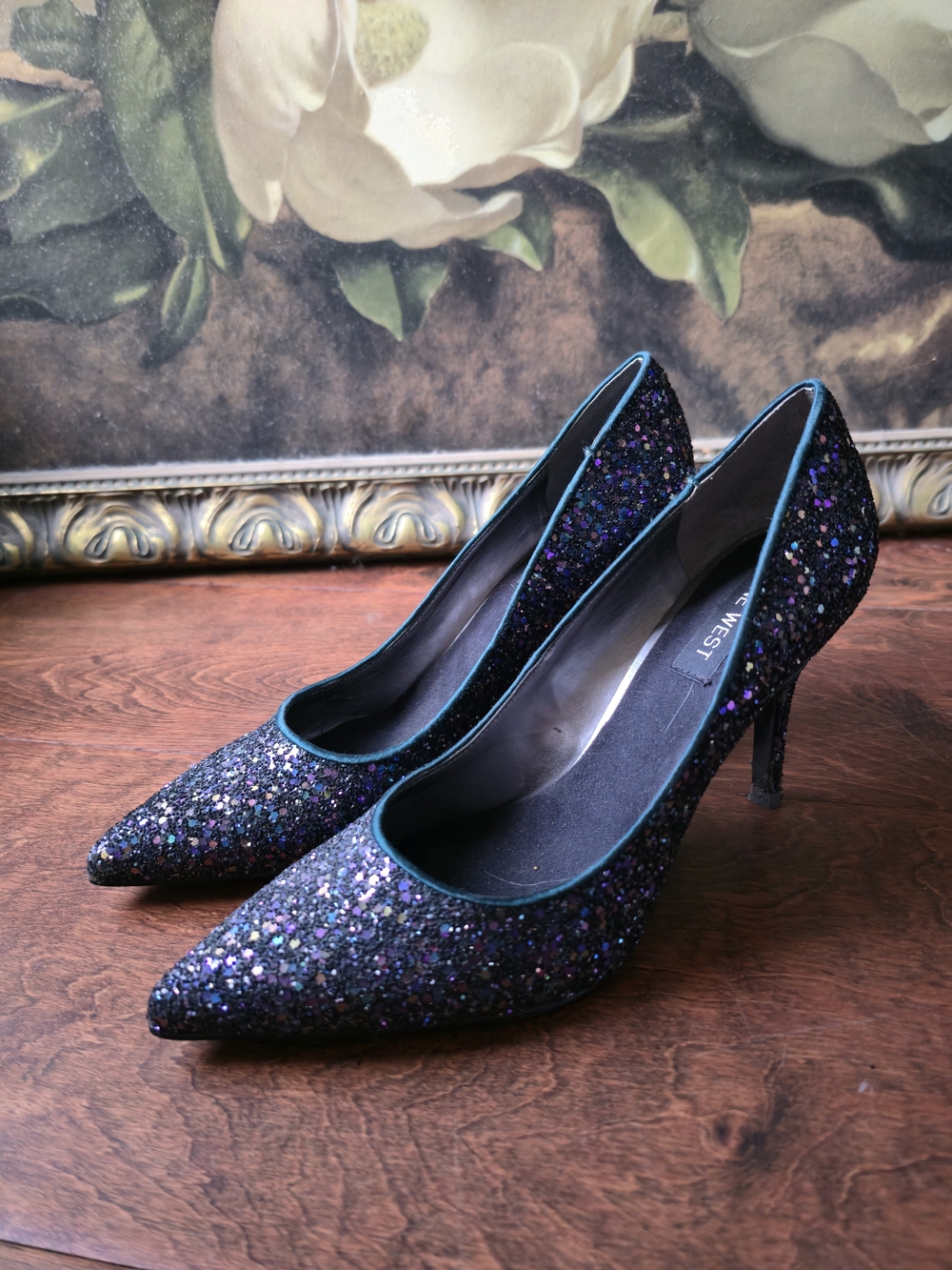 Nine West Black Multicolor Glitter Pointed Toe Pumps